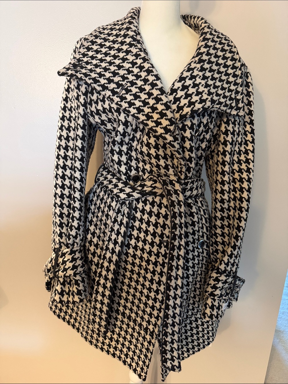 Calvin Klein Black and White Belted Pea Coat